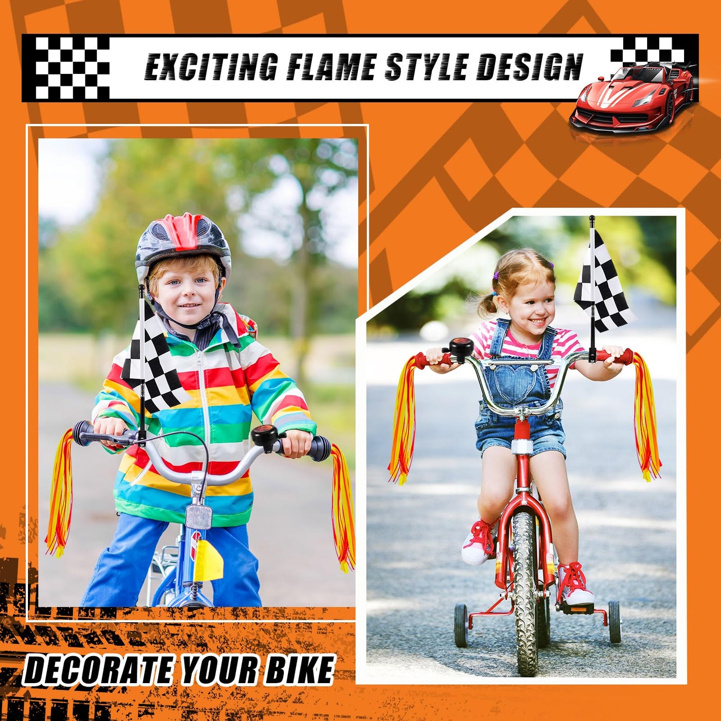 Liliful 5 Pcs Kids Bike Accessories Sets Include 2 Pcs Flame Bike Tassel Streamers Bell 2 Black and White Checkered Flags Pinwheel Toddler Kids Boys Girls Gift Decoration Kit