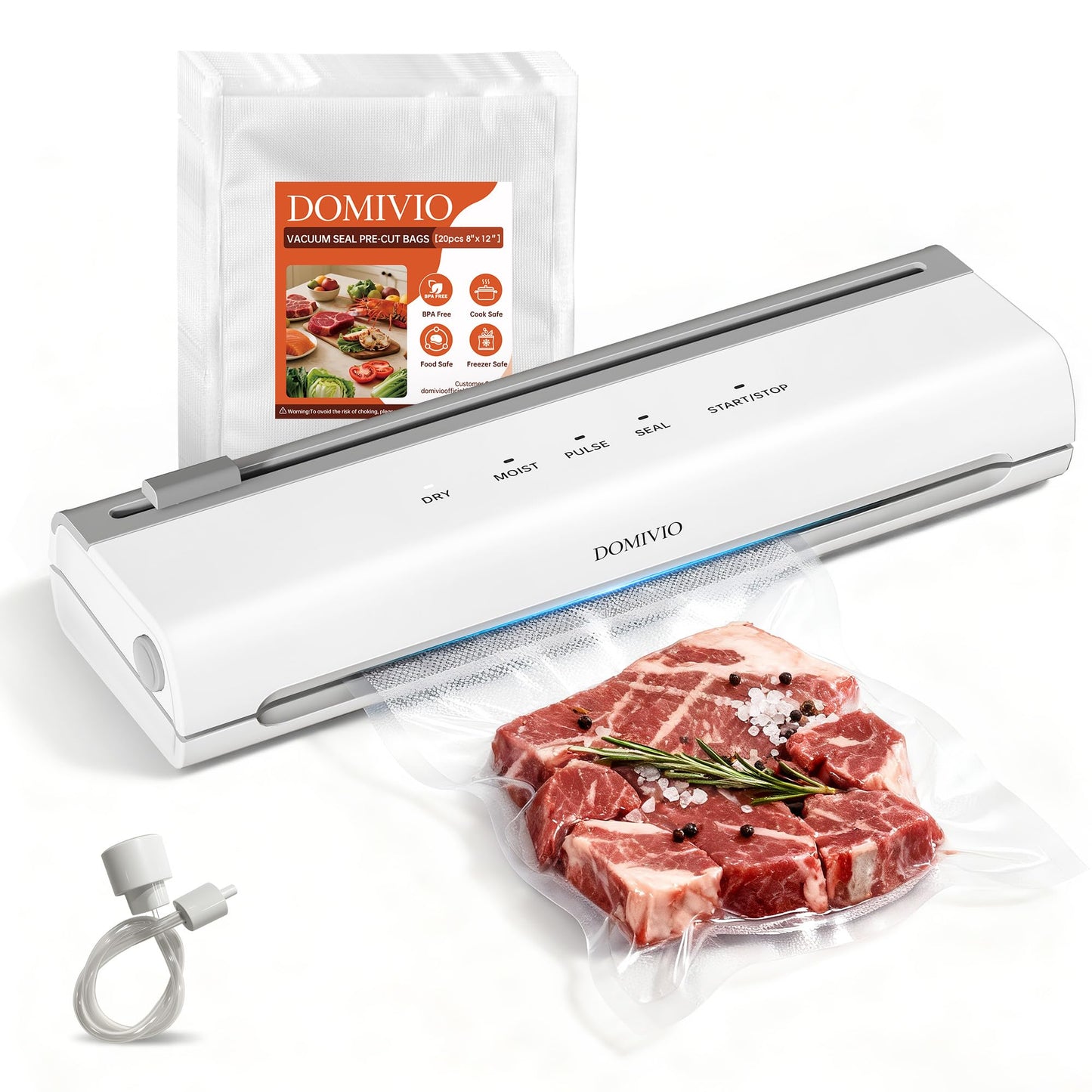 DOMIVIO 75Kpa Vacuum Sealer Machine for Food, 5-in-1 Food Saver with 20 BPA-Free Bags – Dry & Moist Modes, Compact Easy-to-Use Vacuum Sealer for Meal Prep (VS2093)
