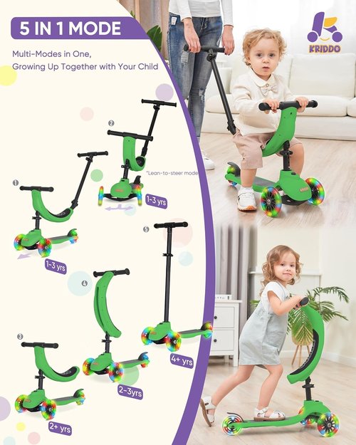 KRIDDO 3-in-1 Kids Scooter - Adjustable Height, Lighted Wheels & Wide Board | Ages 1-5, Indoor/Outdoor Use