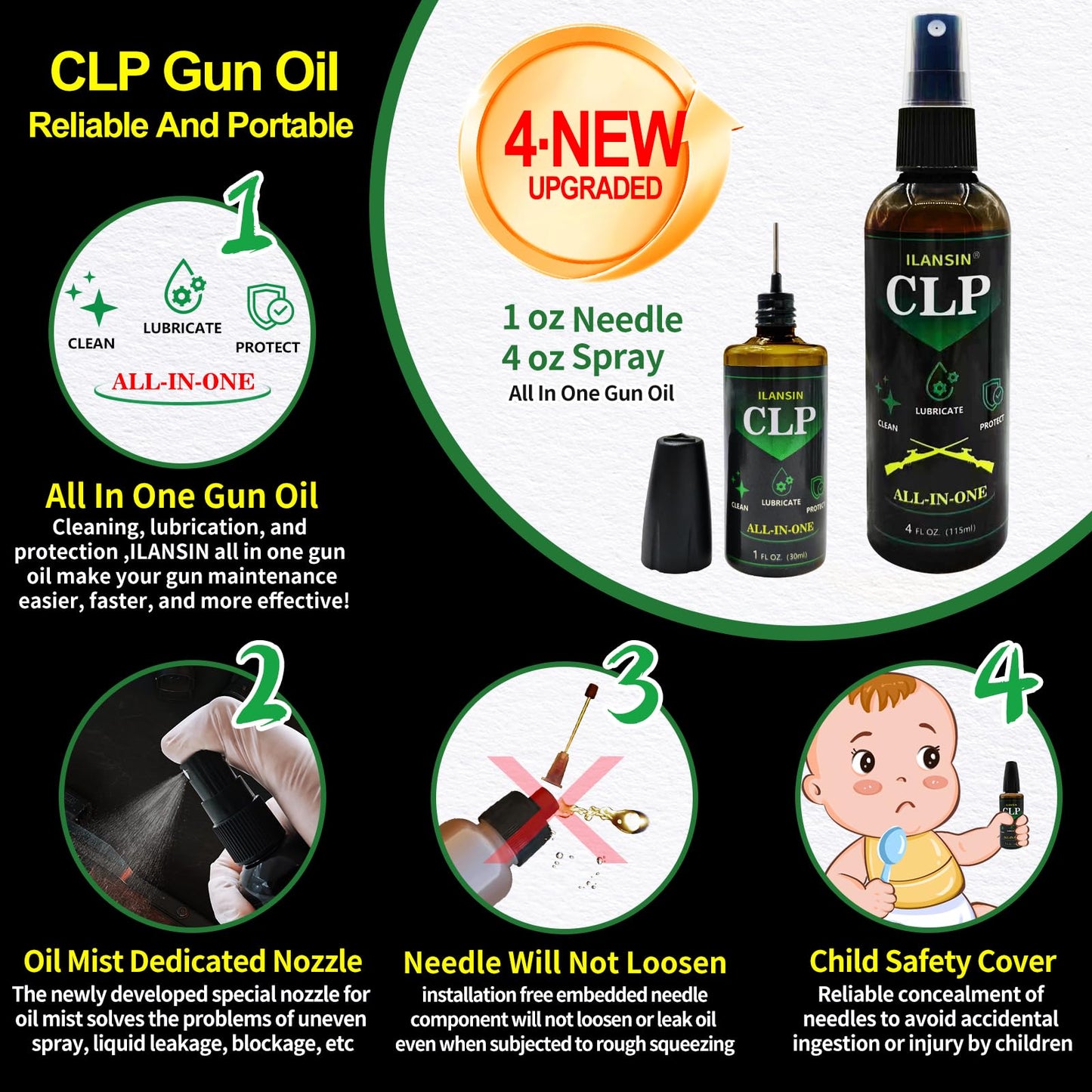 ILANSIN 9mm Bore Cleaner & 5oz CLP Oil Gun Cleaning Kit with Gun Snake .38 .375 9.5mm, Needle+Spray,Gun Cleaning Supplies with Gun Cleaning Patches,6'' Gun Cleaning Swabs, Gun Brushes, Cleaning Picks