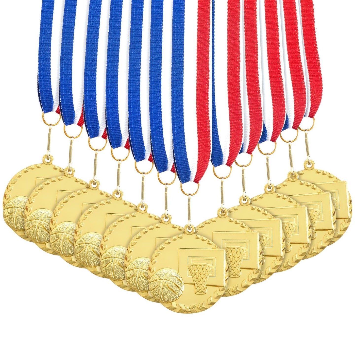 Juvale Basketball Medals for Kids & Adults - 12-Pack, 2" Gold Zinc Alloy & 15.5" - Red, White & Blue Ribbon - Medals for Awards