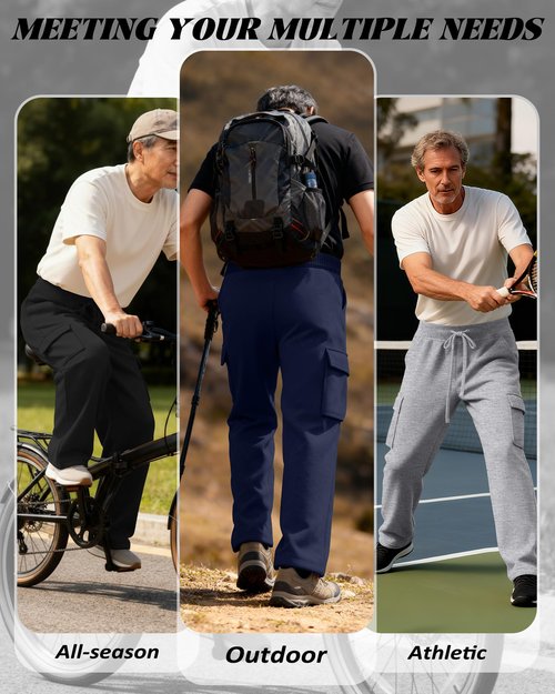 August Alley 3 Pack Big and Tall Men's Cargo Sweatpants Open Bottom Drawstring Elastic Waist Pants with Pockets Casual Hiking(Navy Blue, Light Gray, Black,4X-Large)
