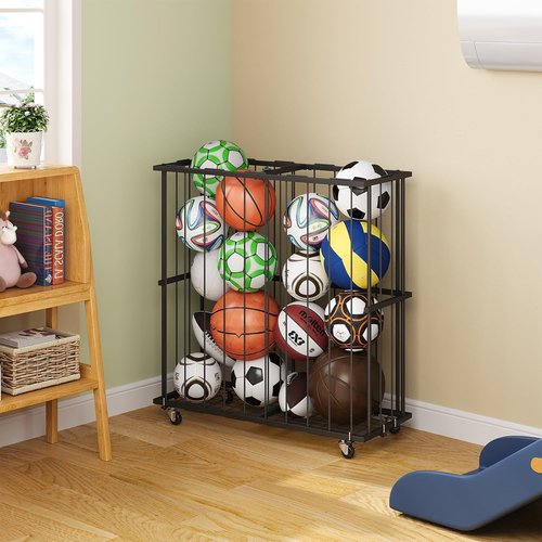 Hencawima Ball Storage Rack - Freestanding Sports Equipment Organizer for Garage & Gym | Black