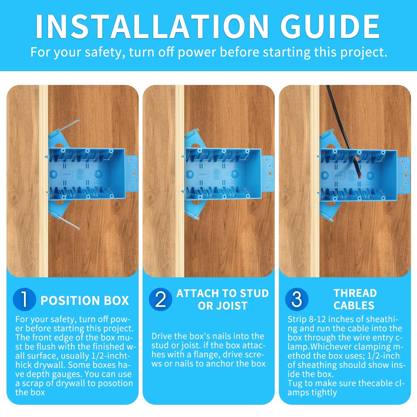 XIUTE Blue 3-Gang PVC New Work Switch/Outlet Wall Electrical Box, Interior Space of 44 Cubic Inches,for The Electrical Installation of Buildings,ETL