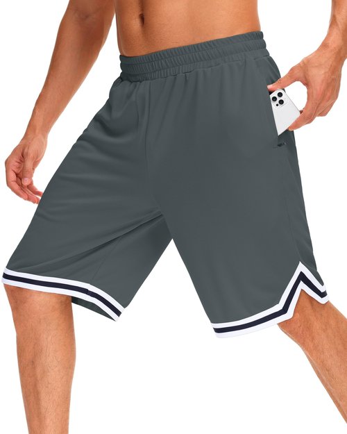 JWM Mens 11" Gym Basketball Shorts with Zipper Pockets - Long Quick Dry Lightweight Mesh Athletic Shorts for Workout Running Dark Grey
