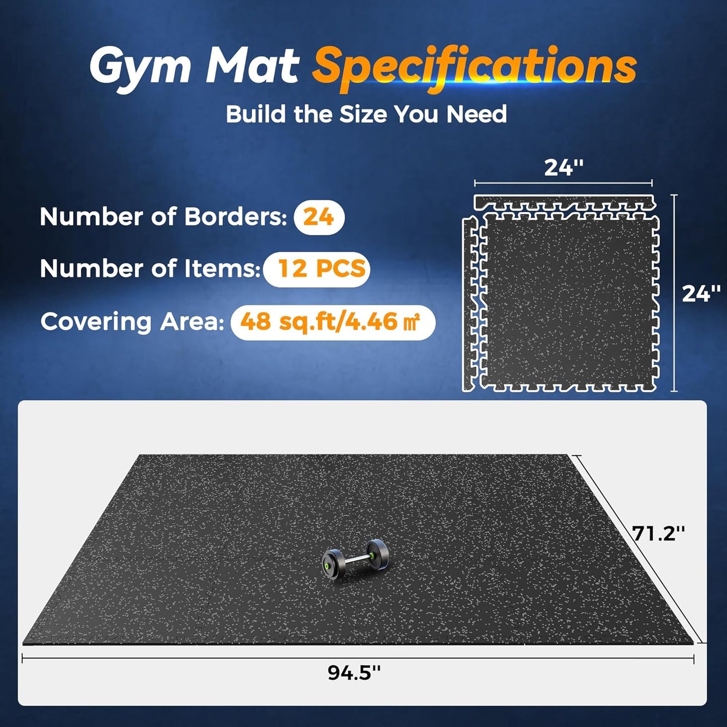 SUPERJARE Extra-Thick Rubber Exercise Mat - Interlocking Gym Flooring Tiles, 12 Pcs, 48 Sq Ft, Black/Grey
