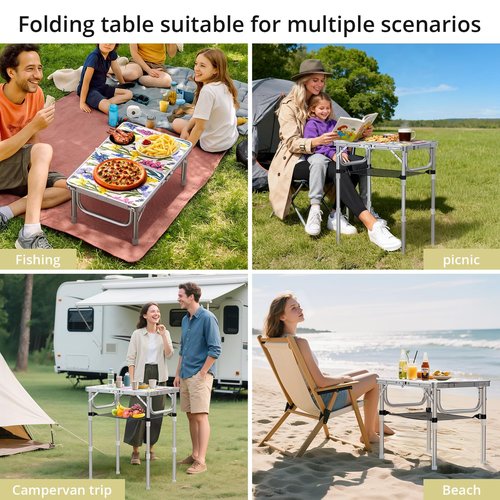 Anbte 2ft Folding Camping Table, 3 Adjustable Height Max 27.5" Small Folding Table with Storage Net Lightweight & Portable with Carry Handle, for Outdoor Indoor Camping Beach BBQ RV, Blooming Floral