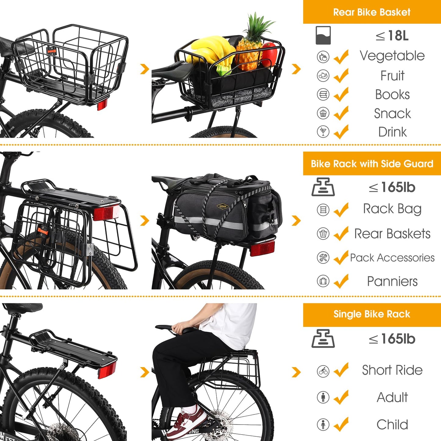 ANGGOER Rear Bike Rack with Basket, 165 LB Load Bike Cargo Rack - Aluminum Alloy Bike Rack for Back of Bike with Free Bungee Cord & Waterproof Cover & Installation Tool