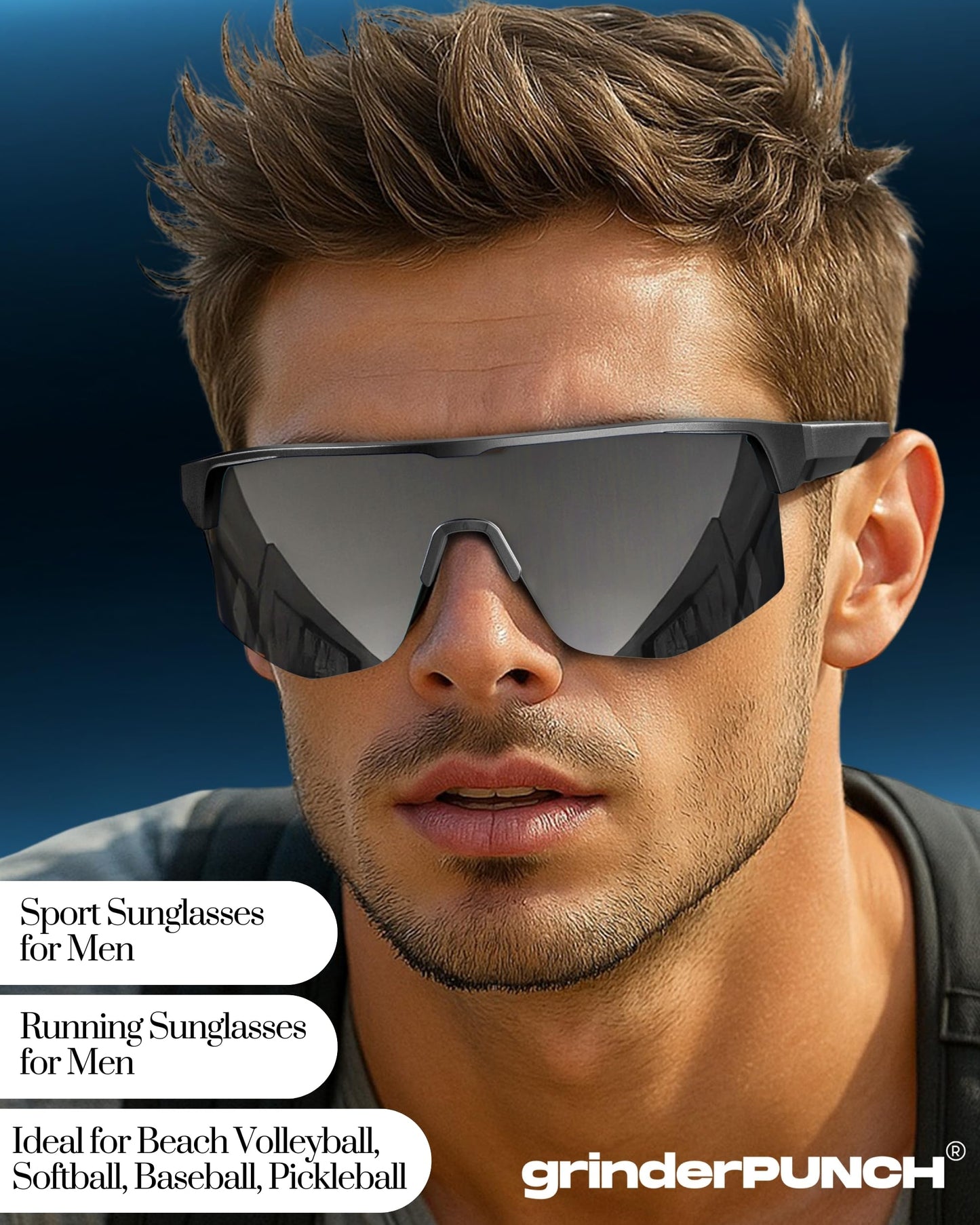 grinderPUNCH UV 400 Sports Sunglasses Cycling Glasses, Biking Goggles Running Hiking Golf Fishing Driving (Black)