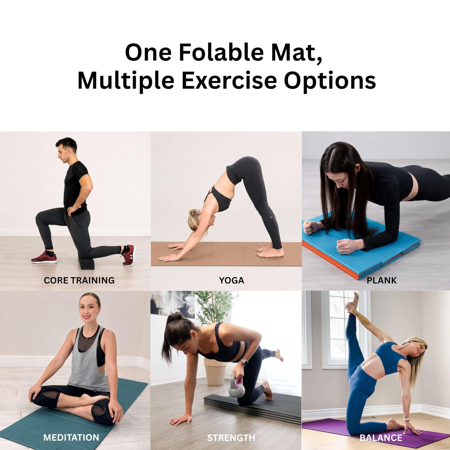 Feetlu Foldable Yoga Exercise Mat, 6mm/8mm/10mm/12mm Thickness, 72 x 24 Inch - Lightweight, Anti-Slip, and Easy to Store for Yoga, Pilates, Home Workouts, and Floor Exercises (White 6mm)