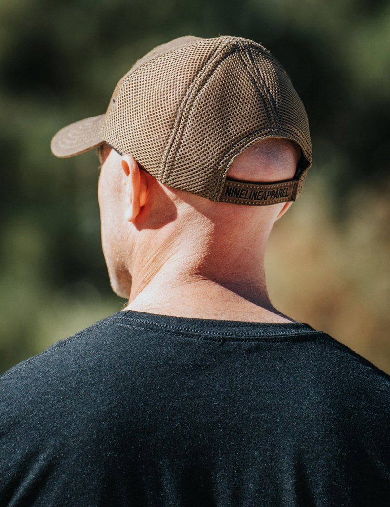 Nine Line Tan Mesh Back Hat with Dropline Logo, Adjustable Trucker Baseball Cap, Embroidered American Flag, Unisex Hat, USA Made