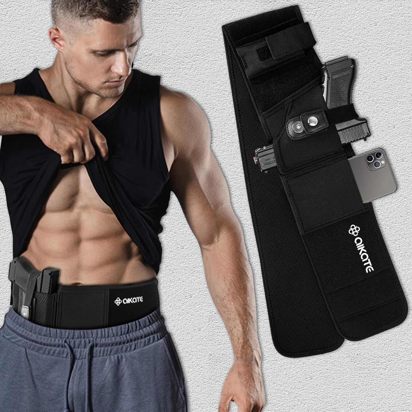 AIKATE Belly Band Holster - Upgraded Concealed Carry for Men | Fits Glock 19, 17 & S&W M&P Shield 9MM