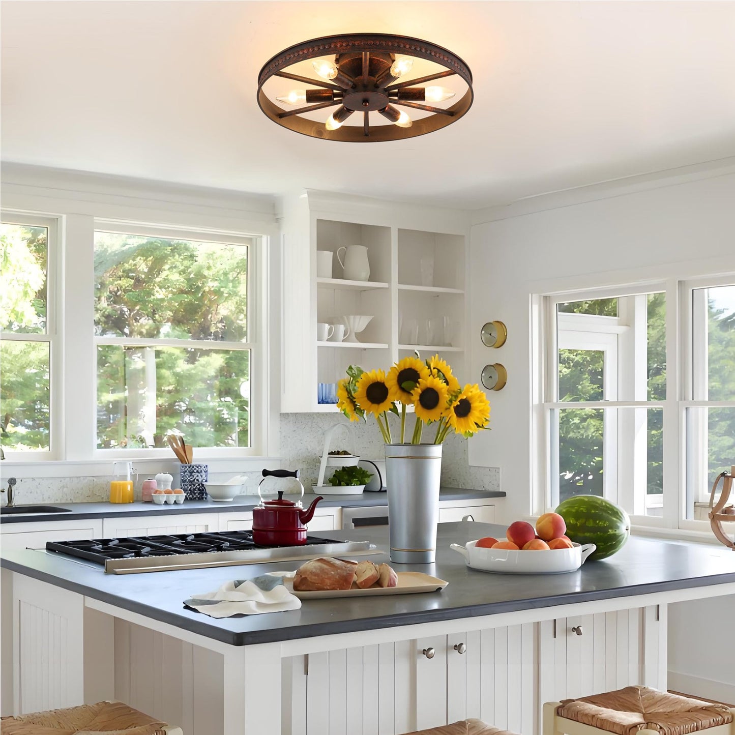 Modxian Farmhouse Round Semi Flush Mount Ceiling Light Red Rust Finish Dining Room Lighting Fixture Vintage Metal Ceiling Chandelier for Kitchen Bedroom 6 Light E12 φ18 Inches (6 Light)