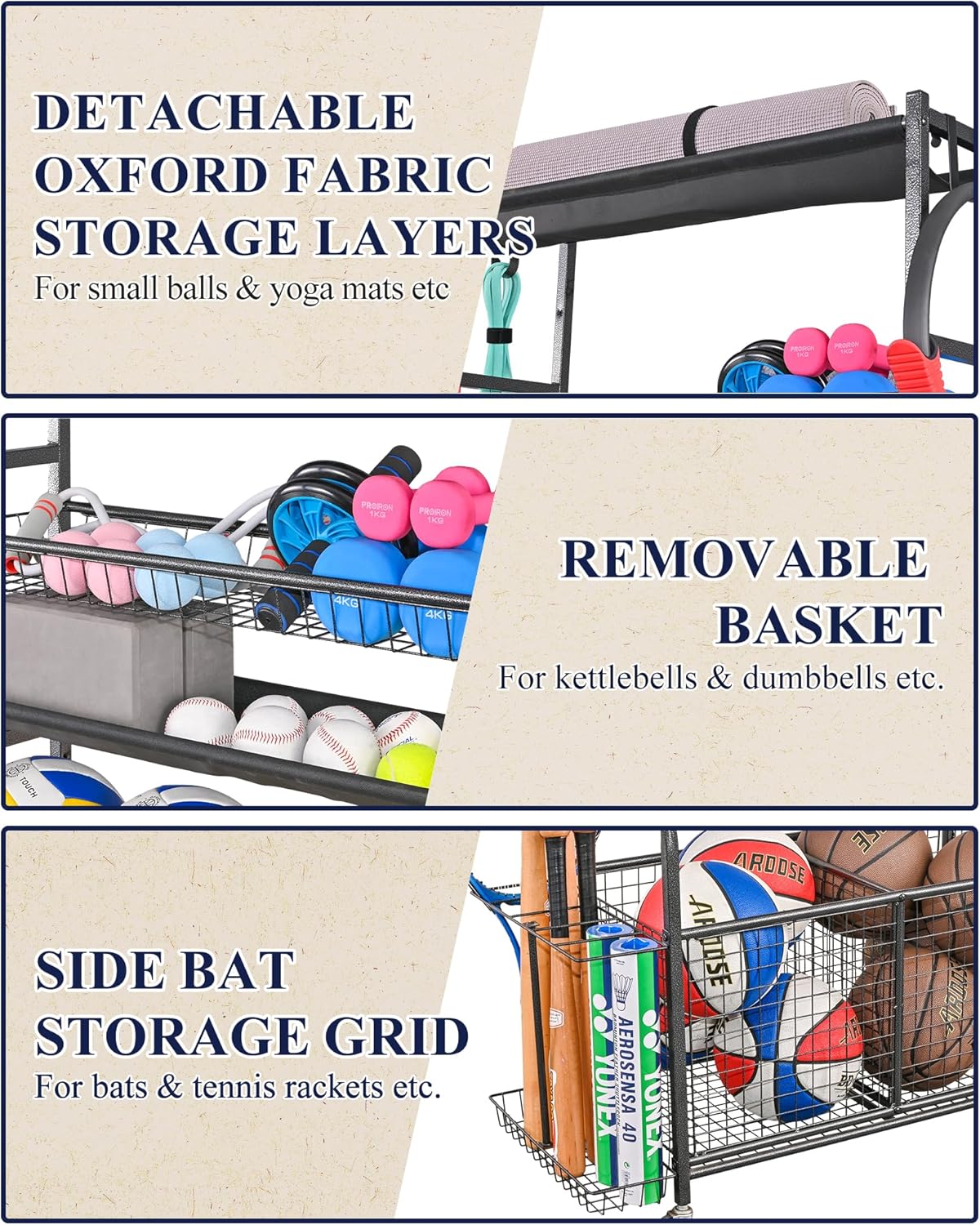 Mythinglogic Garage Ball Storage Organizer - Rolling Sports Equipment Cart with Wheels for Indoor/Outdoor Use