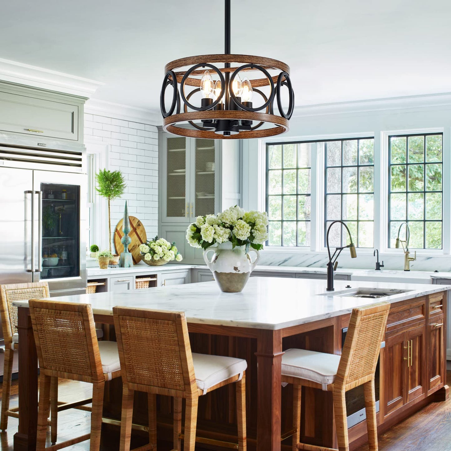 Faibra 4-Light Farmhouse Drum Pendant Light,12.6'' Nature Wood Texture Vintage Rustic Chandeliers Black Metal Industrial Hanging Light Fixtures for Entryway, Bedroom Dining Room