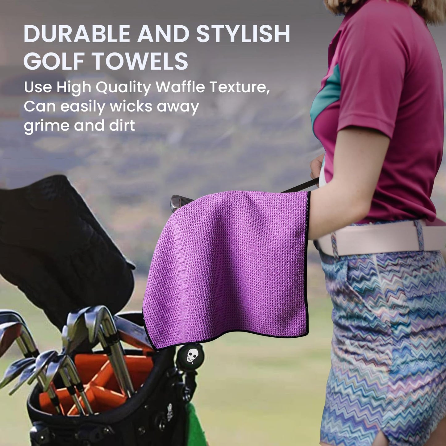Amy Sport Golf Towels for Golf Bags for Women Men Value 2 Pack with 3 Strong Magnetic Retractable Carabiner and Black Brush, 16''X16'' Microfiber Waffle Pattern Towel Absorbent Set (Purple)