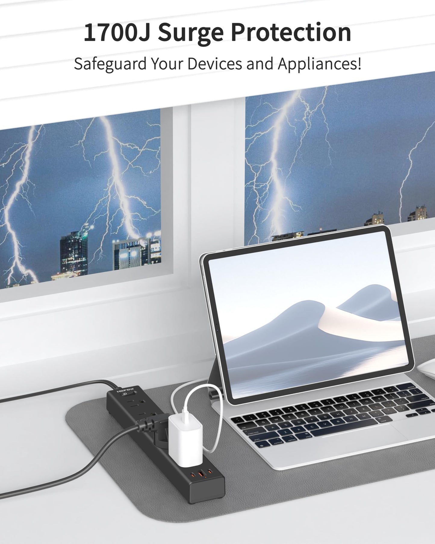 HOPOW 2 Prong Power Strip, 2 to 3 Prong Outlet Adapter with Polarized Plug, 1700J Surge Protector, 6ft Two Prong Extension Cord, 5 AC Outlets & 3 USB(5V 3.4A Max), Wall Mount for Non-Grounded Outlet