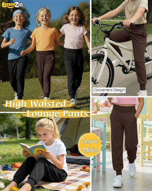 LessonZoo 2 Pack Girls' Joggers with Pockets Lightweight Workout Sweatpants High Waisted Casual Pants Soft Athletic Yoga Pant(11-12 Years,Black, Brown)