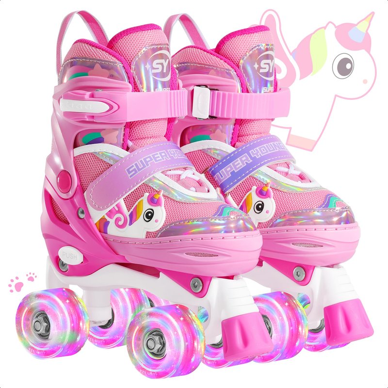 SUPER YOUNGSTER Adjustable Light Up Kids Unicorn Roller Skates for Girls Ages 4-6 5-8 8-12，Toddlers Beginner Cat Roller Skates