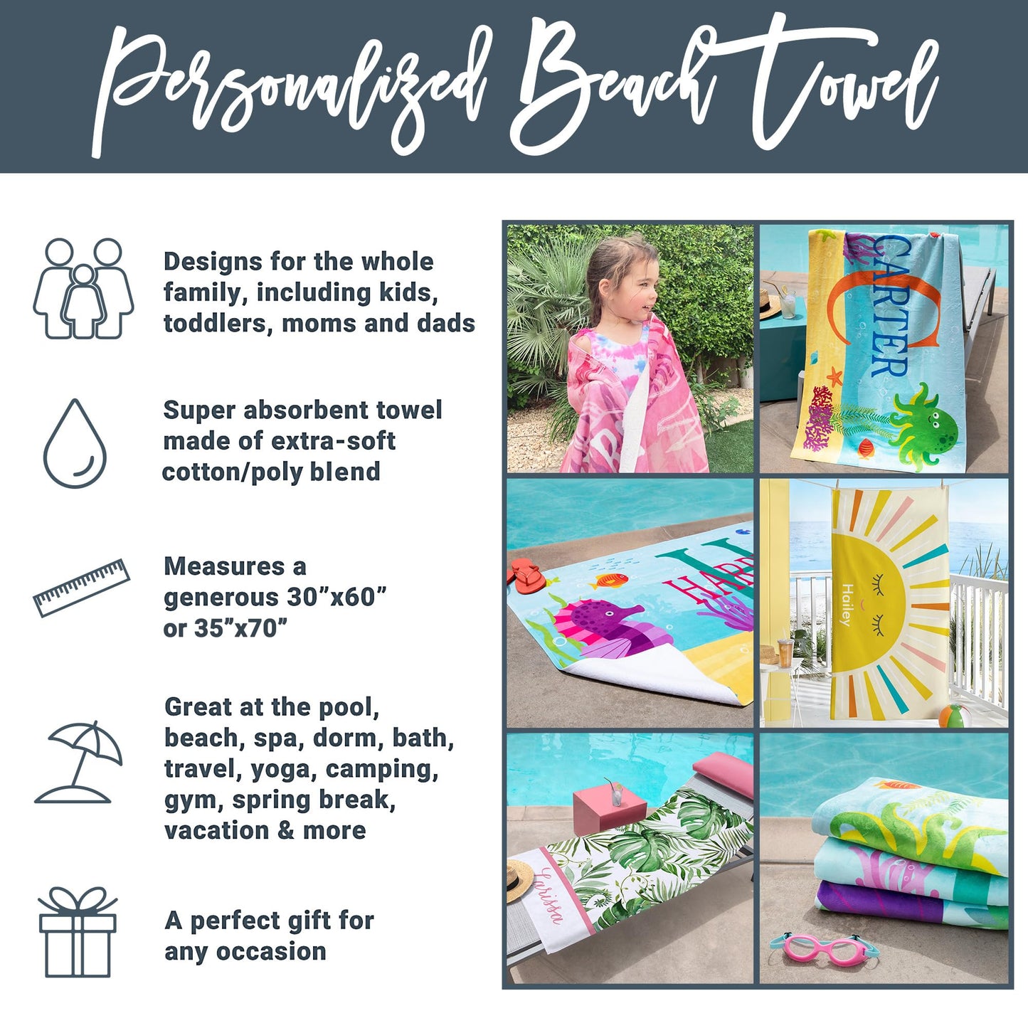 Let's Make Memories Personalized Beach Towel - Vacation Gear - for Beach, Pool, Camp, Vacation - Customize with Name - Standard Size - Flowers