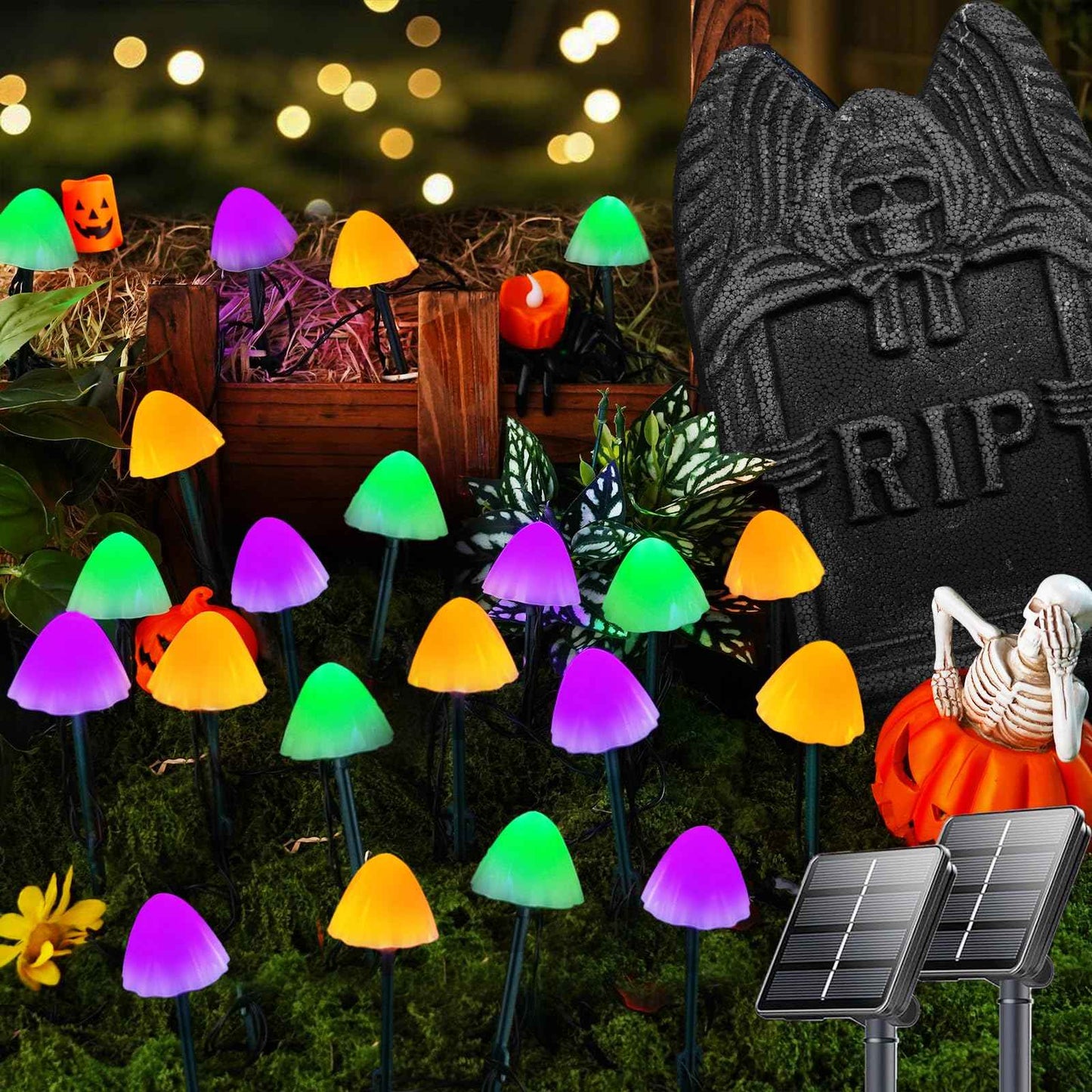 OZS 2PK 55FT 32LED Halloween Orange Purple and Green Solar Mushroom Lights Outdoor, Solar String Light with 8 Lighting Modes Auto On/Off, Halloween Garden Lights for Witch Decorations