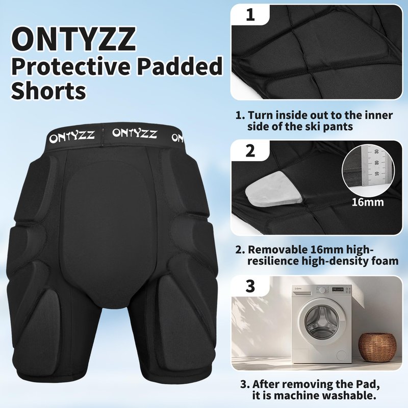 ONTYZZ Protective Padded Shorts, 3D Hip Protection Butt Pads, Impact Gear for Skiing Skating Snowboarding Skateboarding, L Black