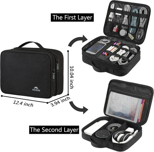 MATEIN Cable Organizer Bag, Large Travel Storage Bag Sturdy Tool Case with Handle for Phone Cord Electronics Accessories, Carrying Case for Tablet (Up to 12.9inch), Powerbank, Hard Drive, Black