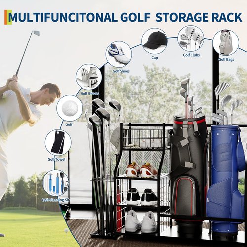 GarveeLife Golf Bag Organizer, Sports Equipment Organizer, Sports Organizer for Garage, Golf Bag Stand for Garage with Baskets, Hooks