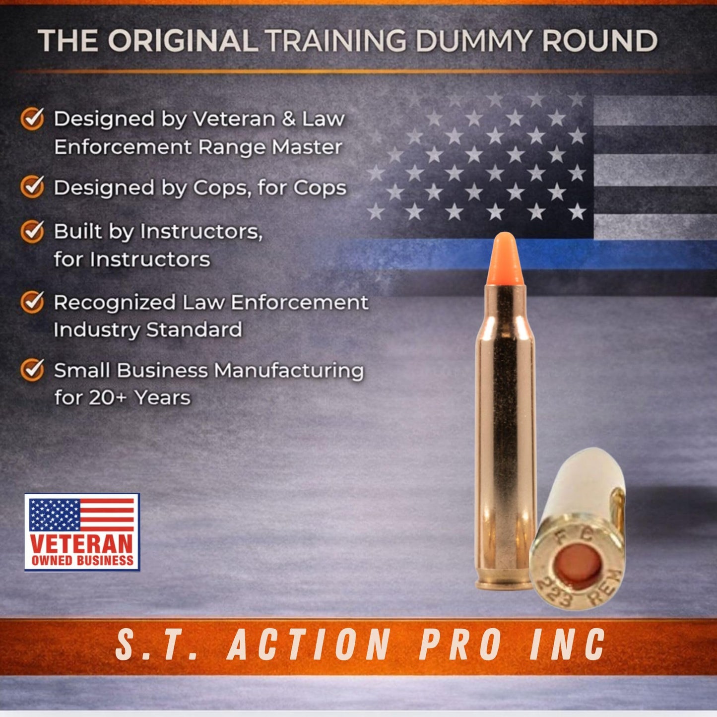 S.T. Action Pro 223 Cal / 5.56 MM Dummy Rounds – Orange Safety Trainer Dummy Rounds, Reusable Dry Fire Training Ammunition (5-Pack) for Gun Owners - Veteran-Owned, Assembled in the USA