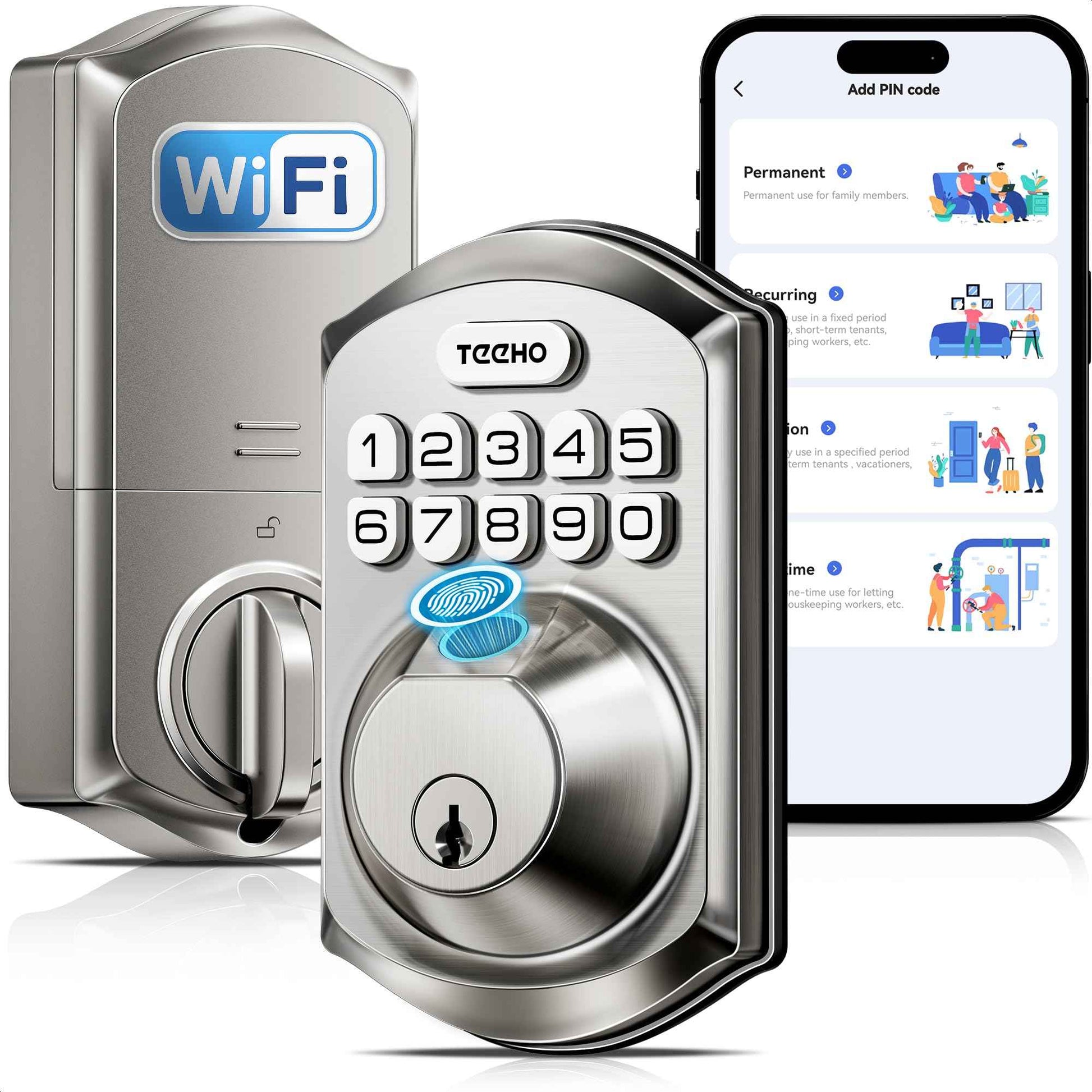 TEEHO TE012W WiFi Smart Lock, Fingerprint Door Lock with Built-in Wi-Fi, Keyless Entry Keypad Smart Deadbolt, App Remote Control, Alexa Compatible, IP55 Waterproof for Front Door – Satin Nickel