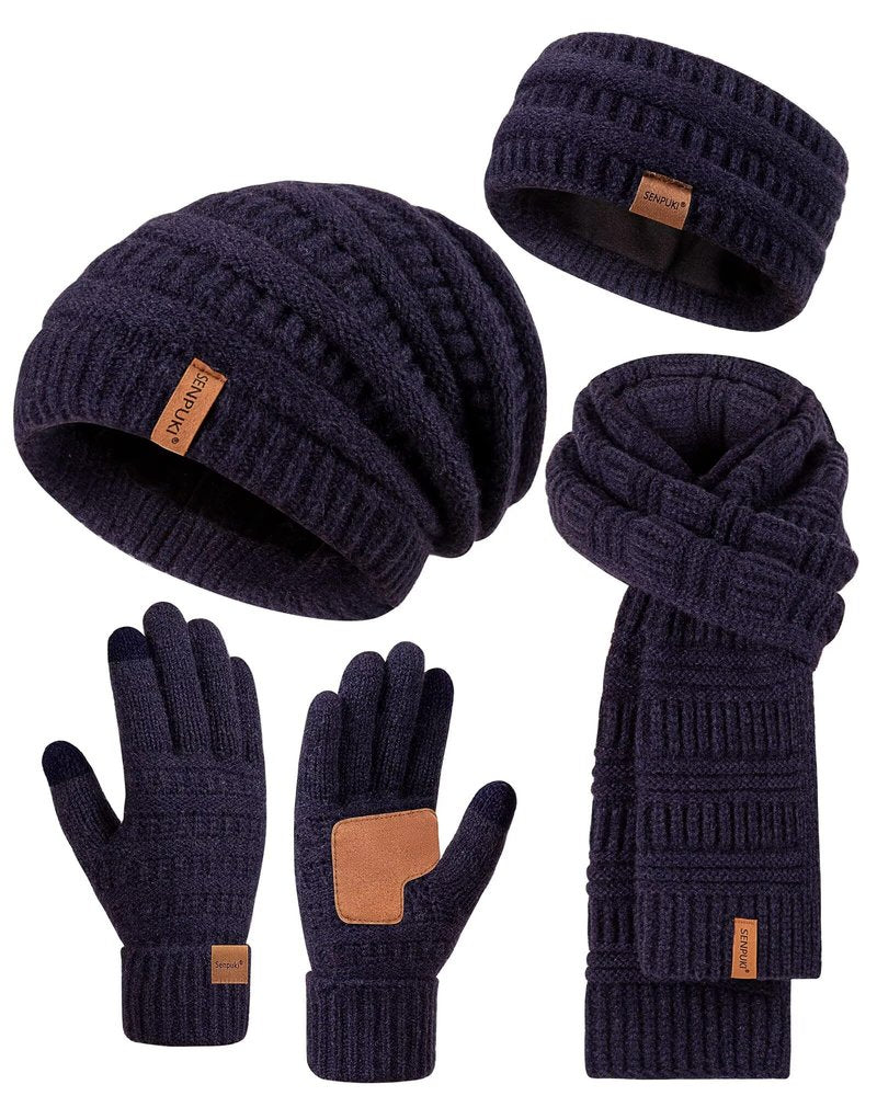 Womens Winter Beanie Hat Scarf Gloves Headband Set, Slouchy Beanie Ear Warmer with Fleece Lined Thick Knit Neck Scarf Touchscreen Gloves, 4 Piece Fashionable Warm Gift Set for Cold Weather(Navy)