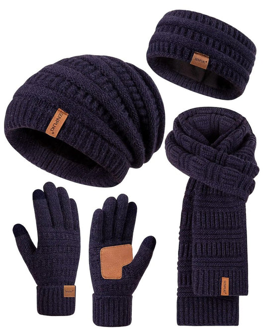 Womens Winter Beanie Hat Scarf Gloves Headband Set, Slouchy Beanie Ear Warmer with Fleece Lined Thick Knit Neck Scarf Touchscreen Gloves, 4 Piece Fashionable Warm Gift Set for Cold Weather(Navy)