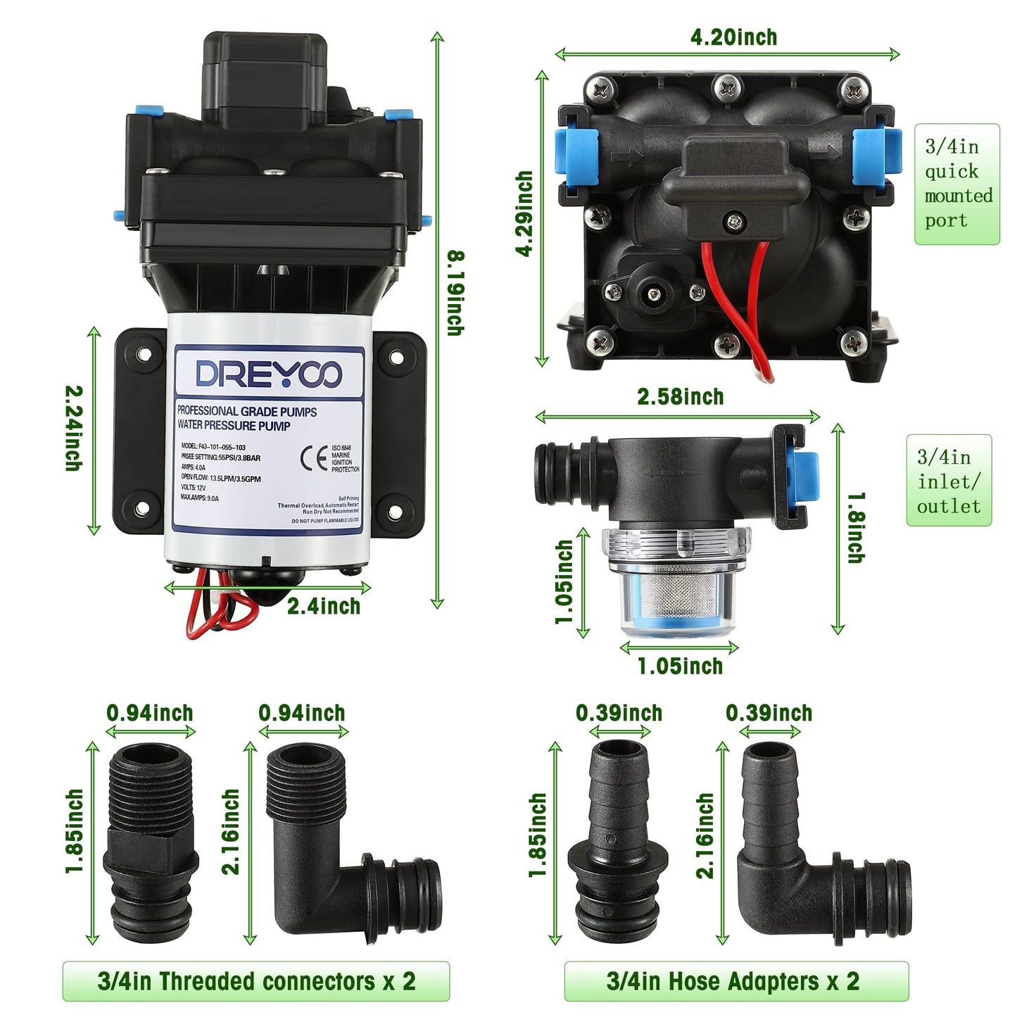 Dreyoo 12V RV Water Pump, 3.5GPM 55PSI Self Priming Automatic Diaphragm Water Pump with Adjustable Water Pressure Switch for RV Marine Yacht Agriculture(12V 55PSI 3.5GPM)