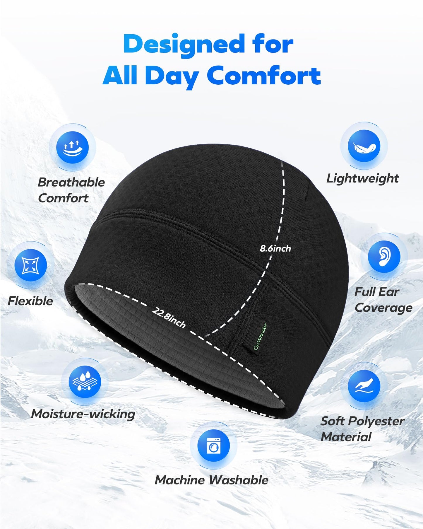 OnWander Winter Sports Beanie for Men Women - Uni-Directional Sweat Transport Thermal Skull Cap, Moisture-Wicking Headwear for Running Cycling Commuting Black