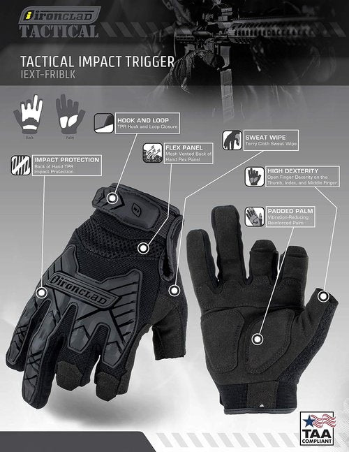 Ironclad Tactical Gloves - Impact Trigger Design | TAA Compliant, Machine Washable, Black, Size M (1 Pair)
