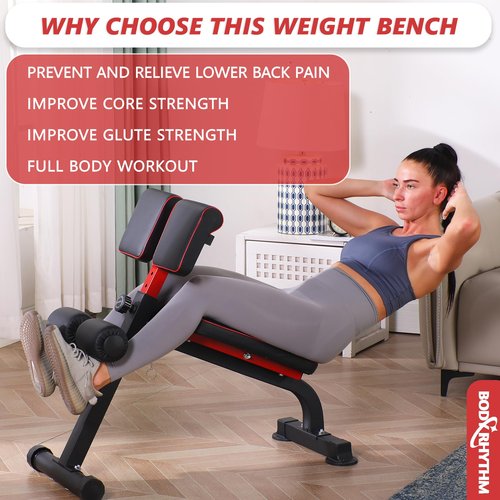 BODY RHYTHM Compact Adjustable Weighted Bench for Full Strength Training, Ab/Back Hyper Roman Chair, Ab Sit up Bench, Incline Decline Flat Hyperextension Back Extension Machine (Black) (YYBR01)