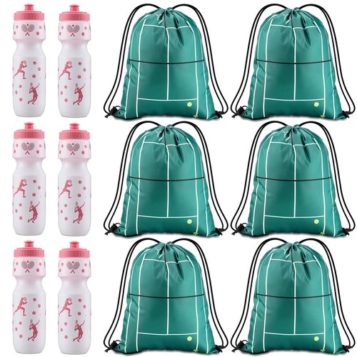 Talltalk 12 Pcs Tennis Party Favors Tennis Water Bottle with Bags Bulk Drawstring Bag Gift Goodie Treat Bags 24 oz Water Bottle Cup for Team Theme Accessories Sports Party Supplies Gift