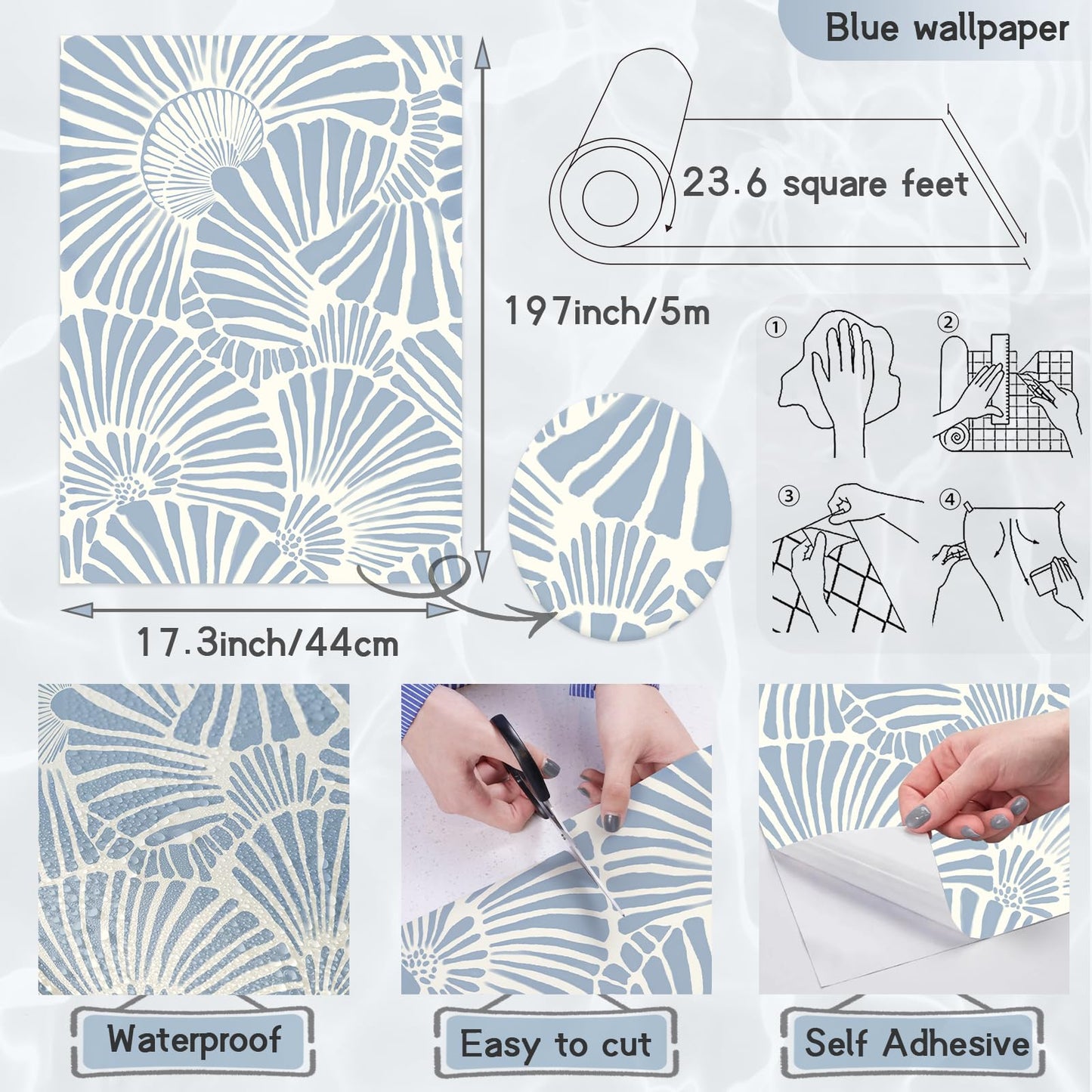 White and Blue Wallpaper Peel and Stick Wallpaper Boho 17.3"×197" Modern Wallpaper Self Adhesive Removable Wall Paper for Bedroom Blue Contact Paper for Cabinets Drawers Shelf Home Decor Vinyl Film