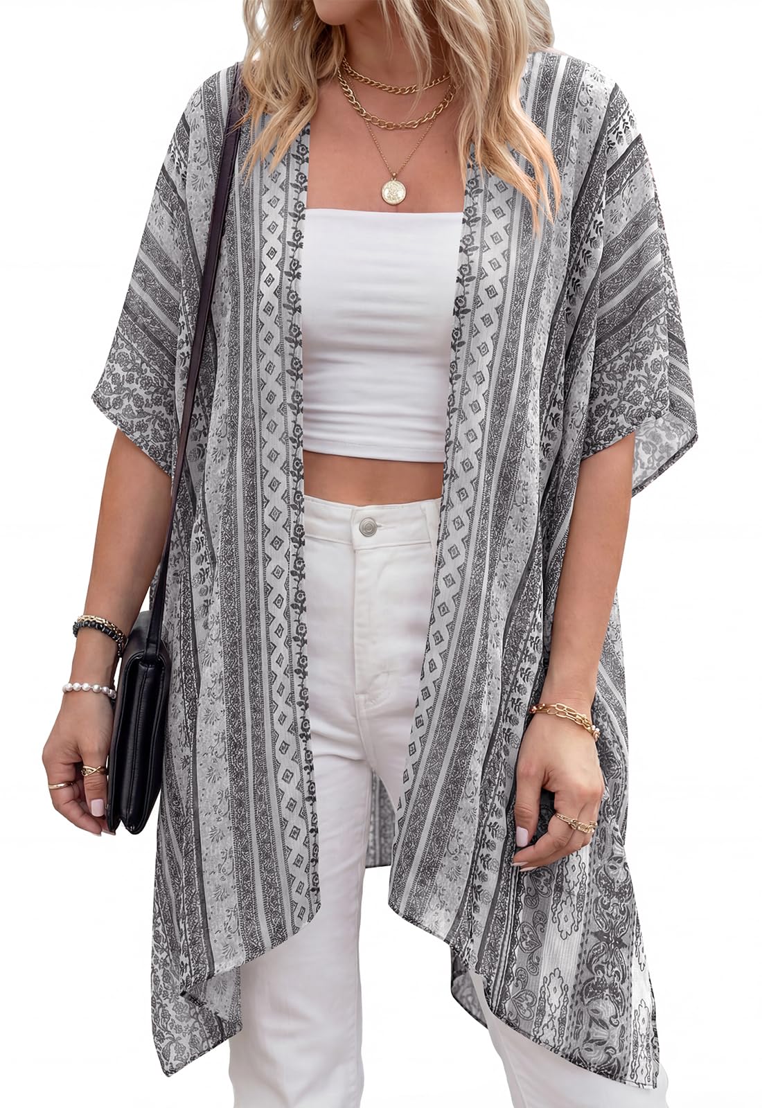 PRETTYGARDEN Summer Kimonos for Women Boho Floral Short Sleeve Kimono Cardigans Swimsuit Beach Cover Ups for Women Swimwear (Grey Floral, Large)