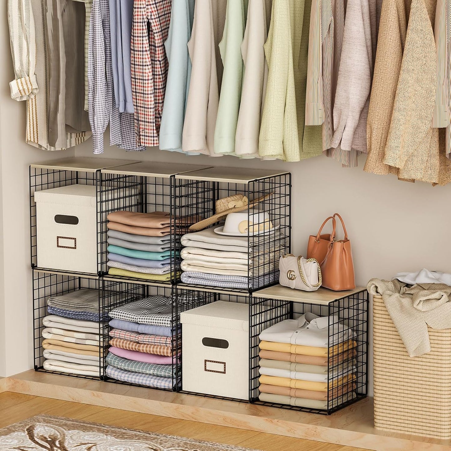 Skiennix Closet Organizer Set - Sturdy Stackable Wire Storage Bins with Wood Top - Black, Set of 3