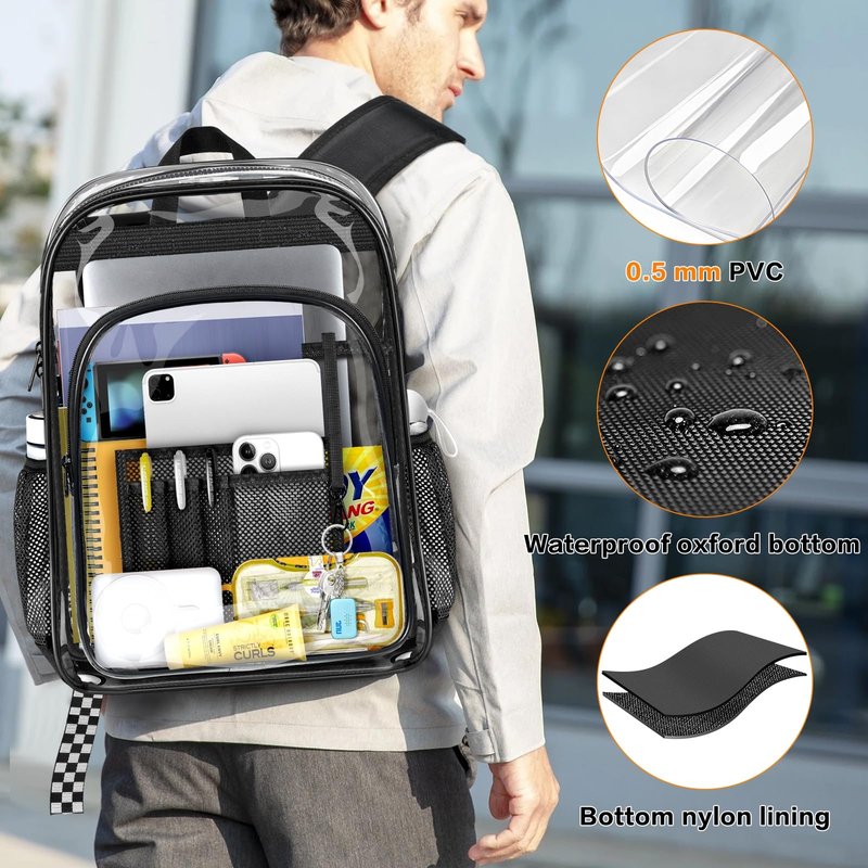 PAMANO Clear Backpack Transparent Heavy Duty Bookbag See Through Bag for College Work Travel Security, Black XL