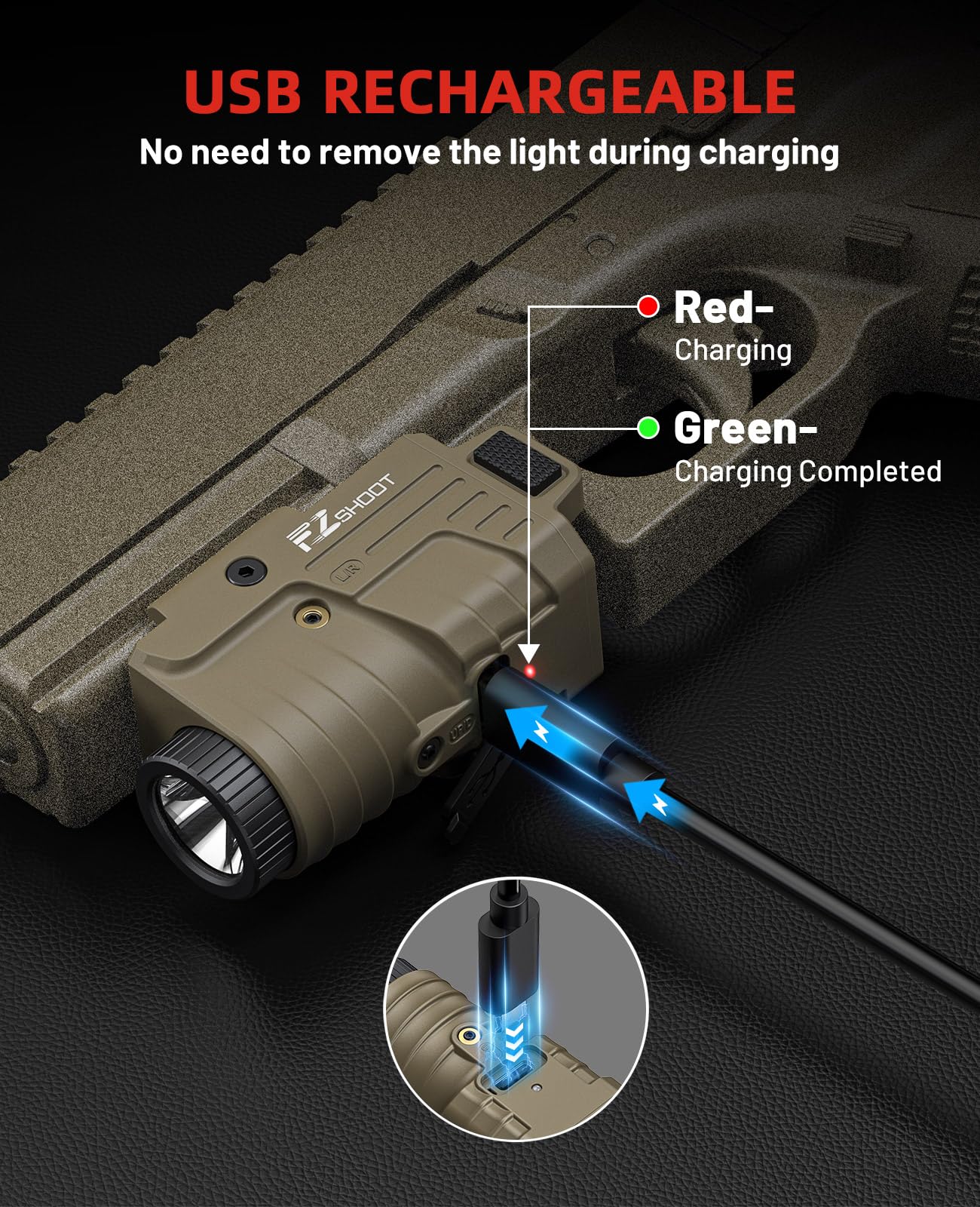 EZshoot 800 Lumens Pistol Light Laser Combo Rechargeable, Pistol Flashlight with Slidable Rail Compatible with Glock and Picatinny Rail, Gun Light with Red Laser Beam, Desert Tan