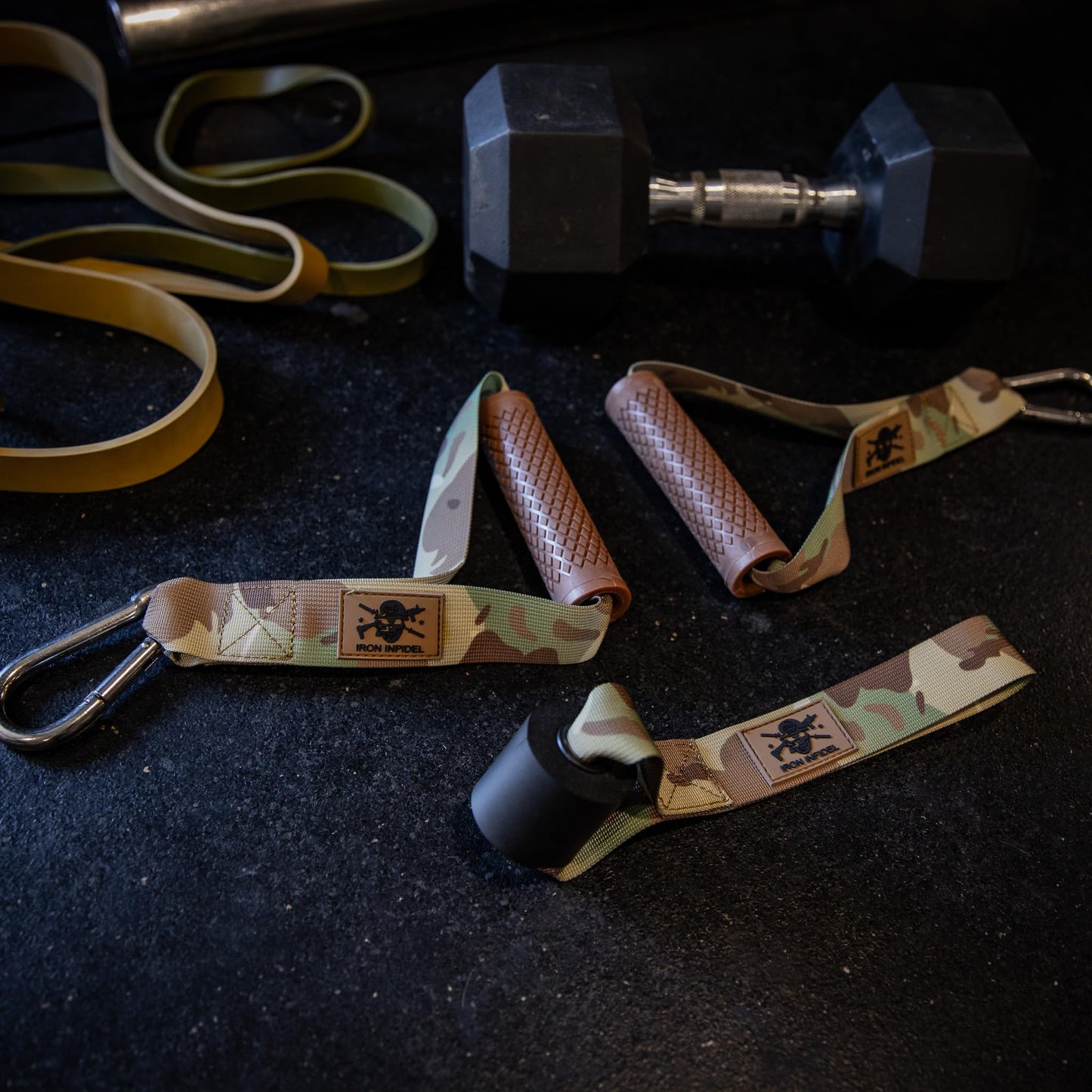 Iron InfideI Resistance Band Handles - Cable Machine Handles Attachment and Door Anchor for Exercise Bands, Great Accessory for Home Gym Workout Equipment & Pull Up Assistance Bands (Camo)