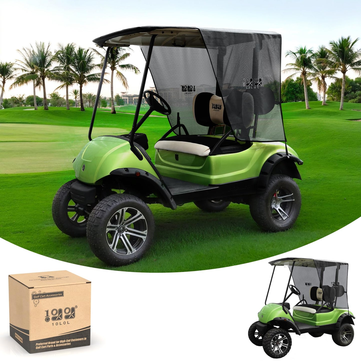 10L0L 2-Passenger Golf Cart Sun Shade Cover for Yamaha G29 Drive 2007-2016, 3 Sides Roll Up, Heat Reflective Layer & Breathable Mesh Sunshade Screen, Foldable UV Heat Resistant (Roof: 63" L X 45" W)