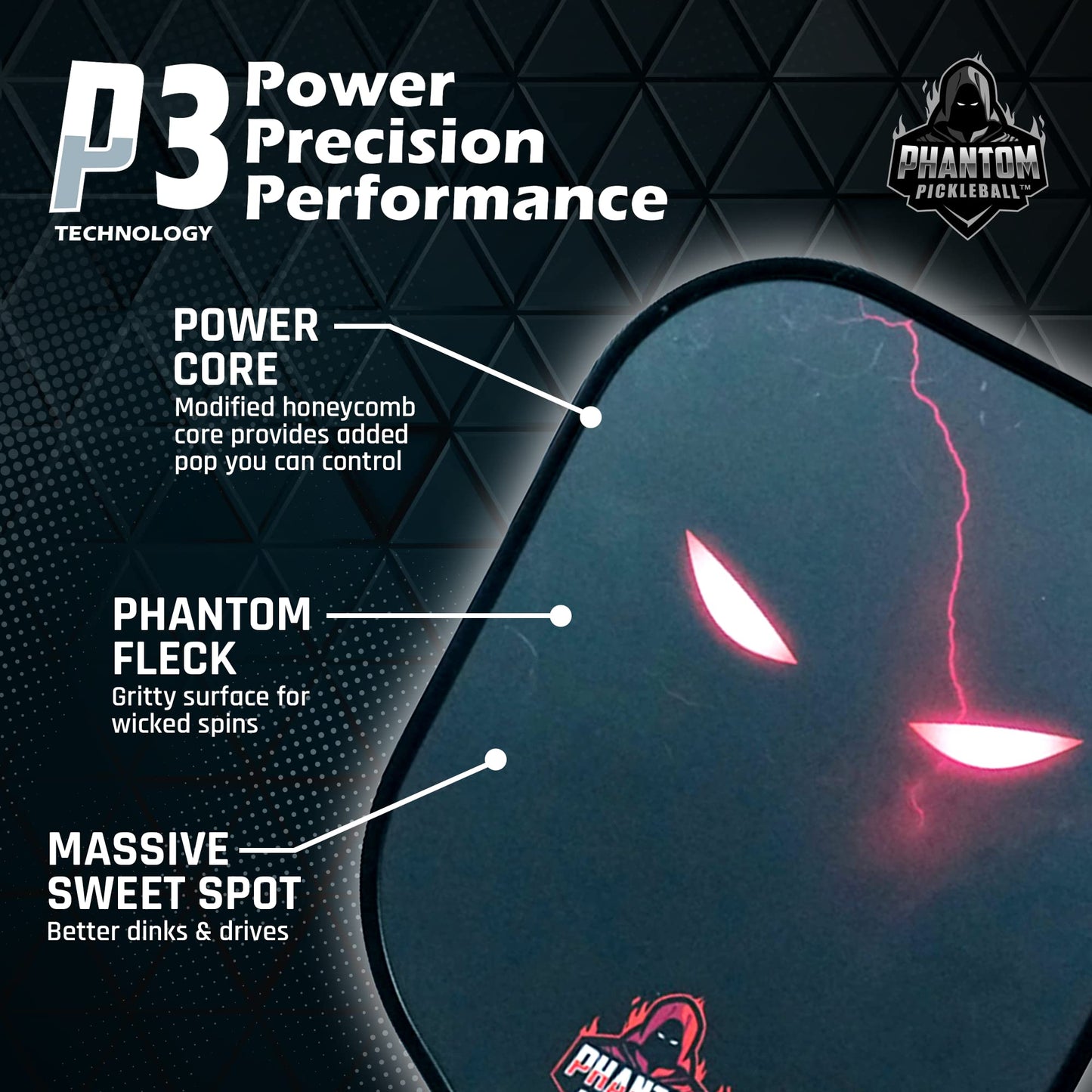 Phantom Pickleball Paddle Eternal 14mm - Carbon Fiber - USA Pickleball Approved - Max Grit and Spin Elongated Body Pickle Ball Paddle - Lightweight Pickleball Racket with Polypropylene Core