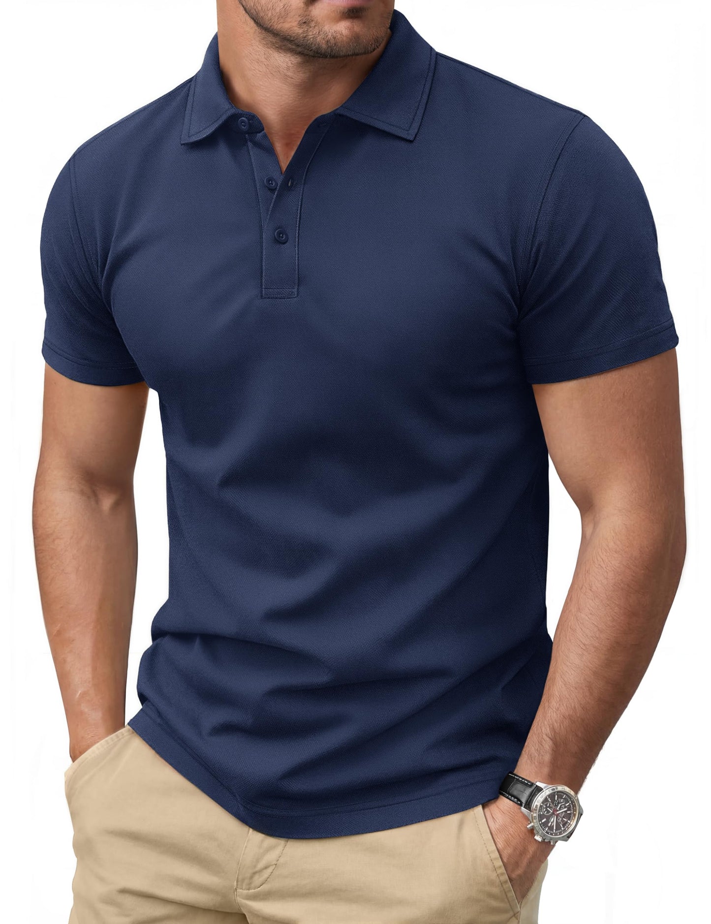 Cotrasen Men's Polo Shirts Short Sleeve Cotton Pique T-Shirts 3 Buttons Classic Fit Casual Soft Stretch Performance Golf Shirts Navy L
