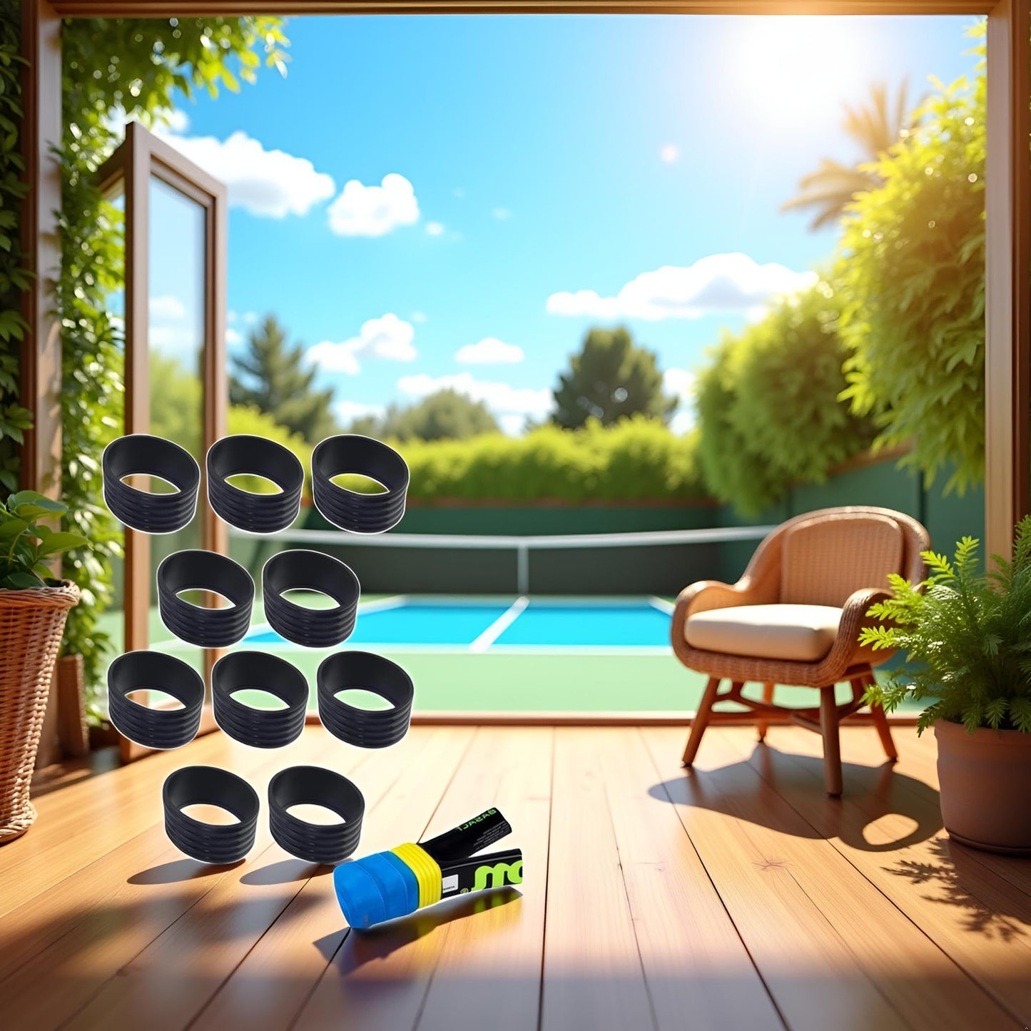Myuiao 10Pcs Black Tennis Racket Handle Rubber Ring Stretchy Tennis Racquet Band Overgrips, Tennis Racket Grips, Racquet Accessories