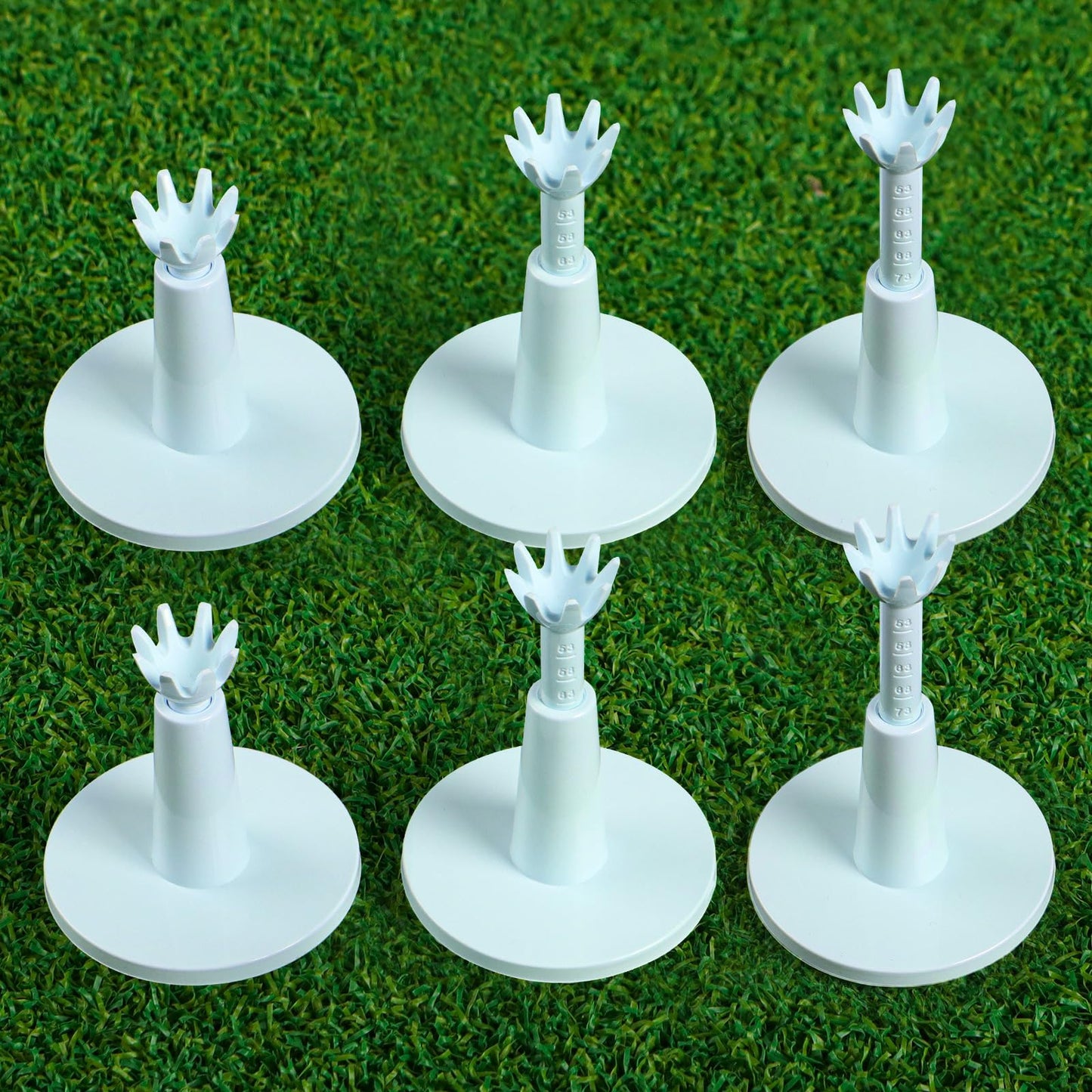 Amy Sport Golf Rubber Tee Adjustable Value 3 or 6 Pack, Unbreakable Durable Tee for Mat Driving Range Indoor Simulator, Adjustable Height from 2.1" to 2.9" (White-6 Pack)