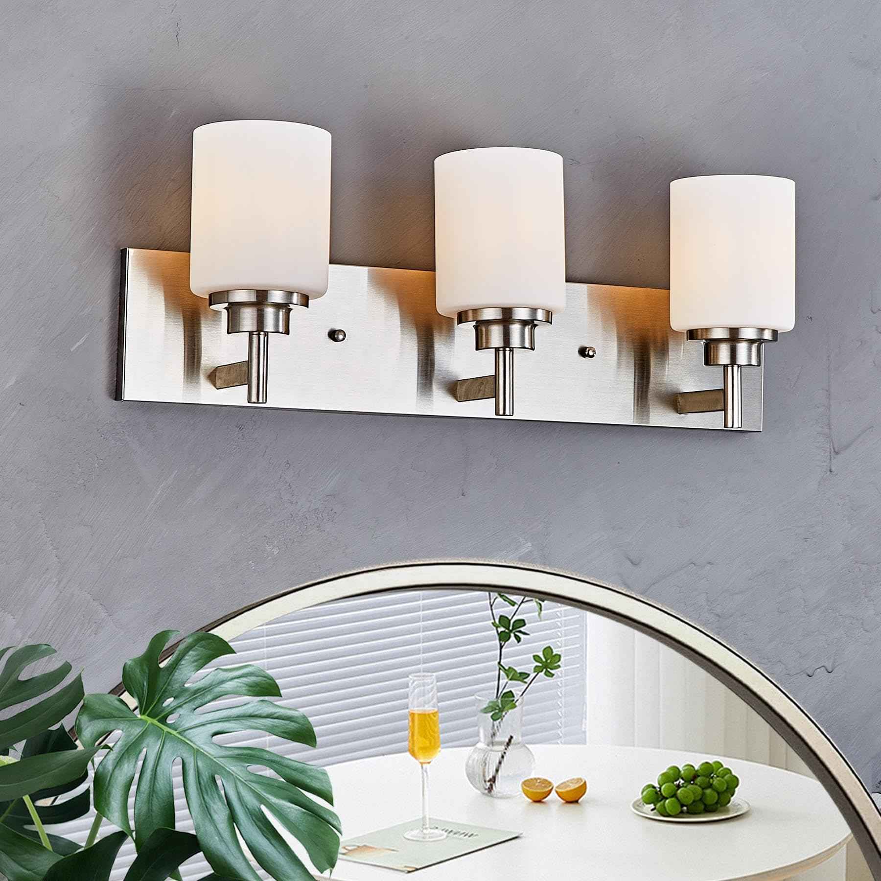 landskylite Bathroom Vanity Light Fixture, Brushed Nickel，24" 3 Lights，Offset Mount, Modern Wall Sconce，White Glass & Large Backplate - Farmhouse Lighting for Bathroom, Living Room, Hallway, Bedroom