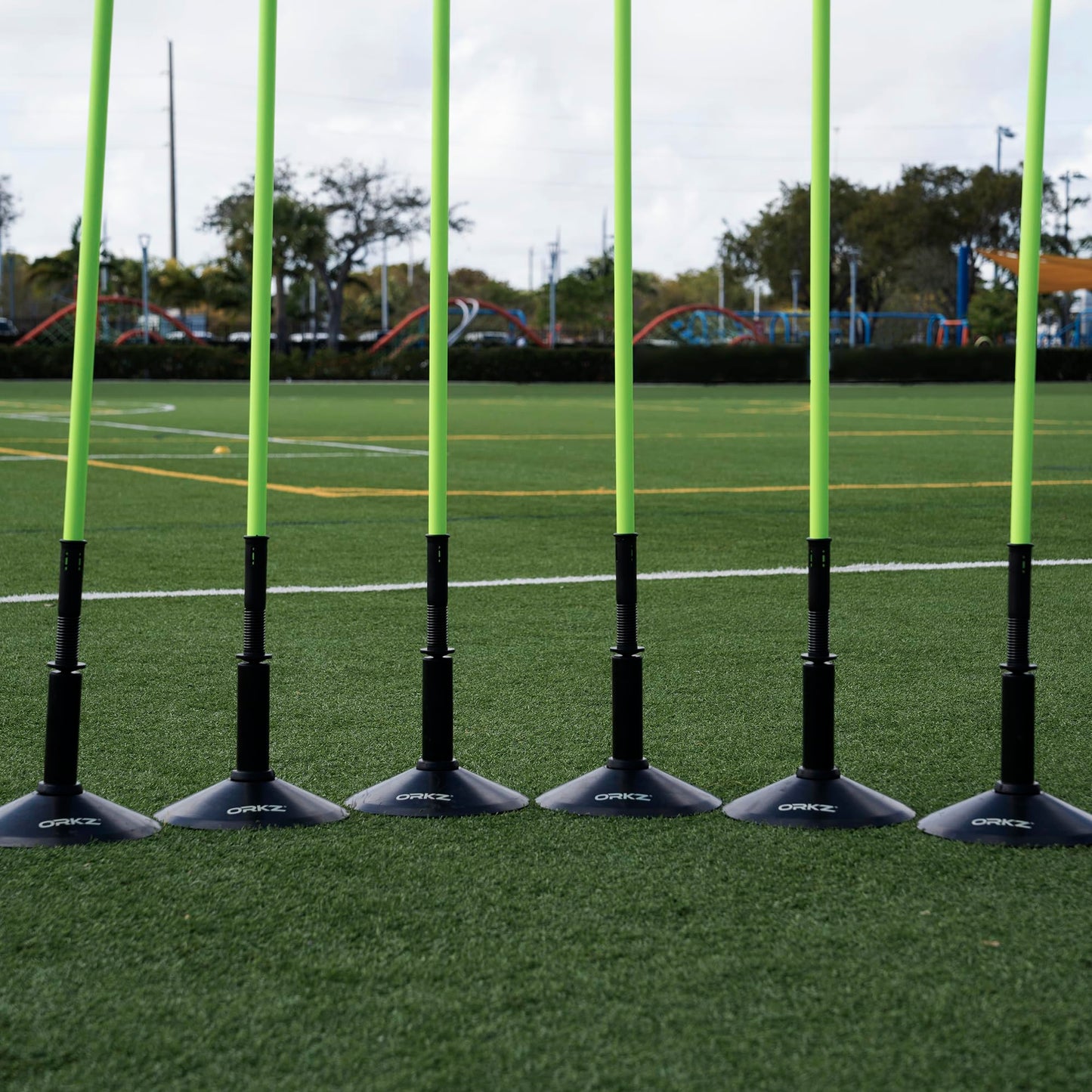 ORKZ Soccer Agility Poles 6ft - Slalom Speed Training Set with Rubber Bases, Spring Loaded, Ground Spikes and Carry Bag - Multifunctional Soccer Training Kit 8 Pack